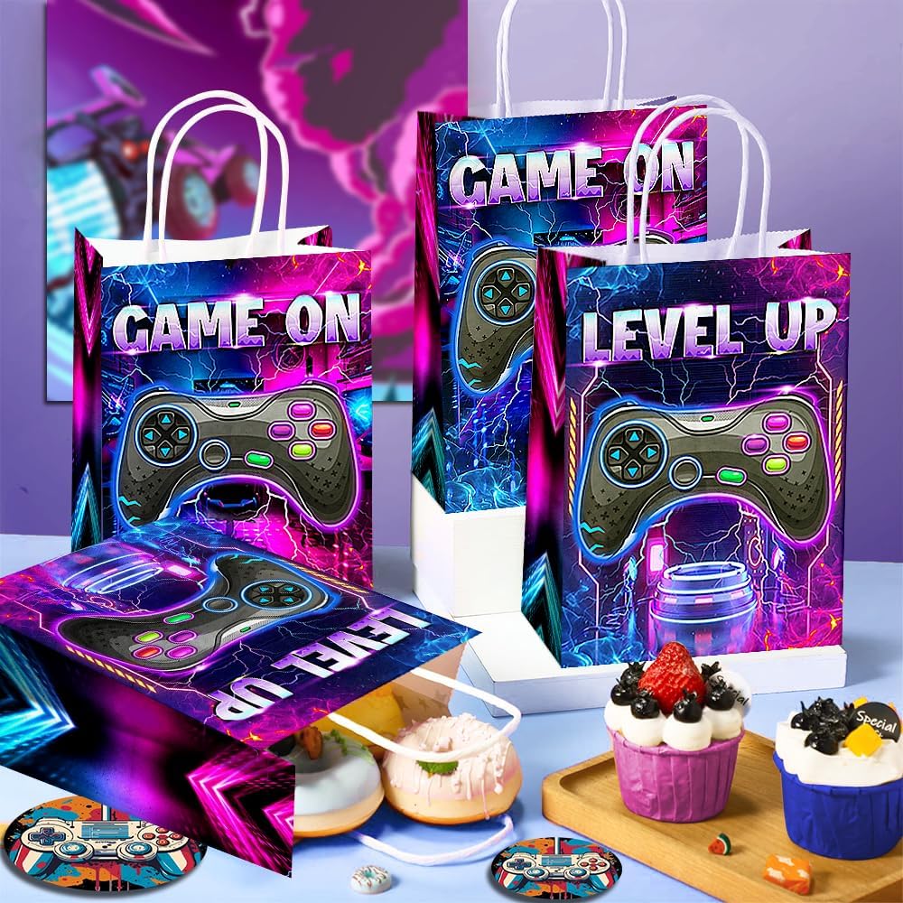 JOYGATHER 24 Pcs Gamer Party Favors Bags with Handles, Video Game Goodie Bags, Gift Bags, Candy Bags with 2 Different Types, Gaming Kraft Paper Bags for Birthday Party Supplies Baby Shower Decorations