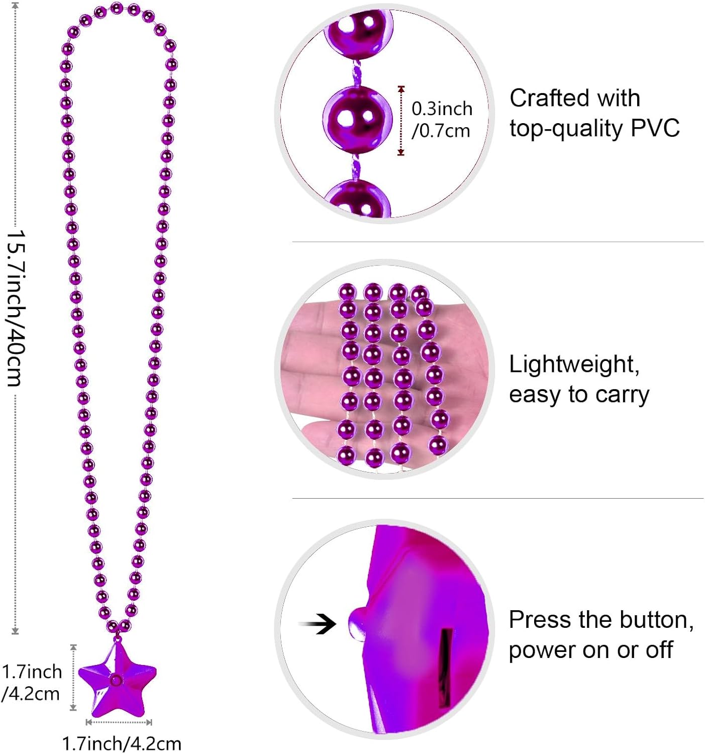 6 Pack Purple LED Glow Star Necklace Bulk Beaded Necklaces for Halloween Christmas Decorations Mardi Gras Party Favors