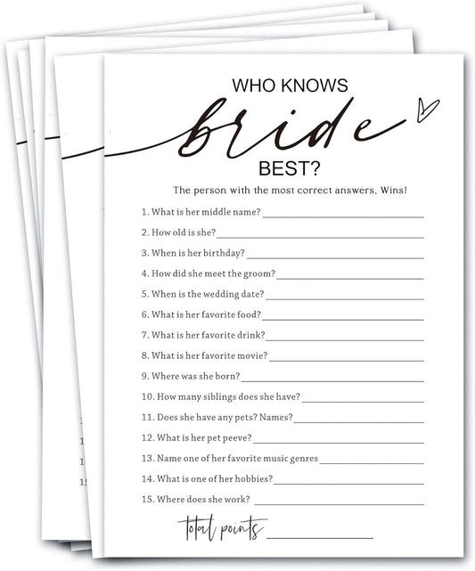 Who Knows The Bride Best Shower Game | 25 Ready-to-Play Minimalist White Quiz Cards | Fun Icebreaker for Bridal & Engagement Parties, Interactive Guest Activity - A03