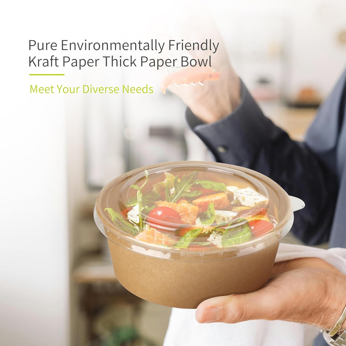 50 Pack 25 oz Paper Bowls with Lids, Disposable Soup Bowls, Heavy-Duty Salad Bowls, in Food Grade Kraft Paper Made, Eco-Friendly Durable No Leakage for Camping, Food Party Dessert Serving Bowls