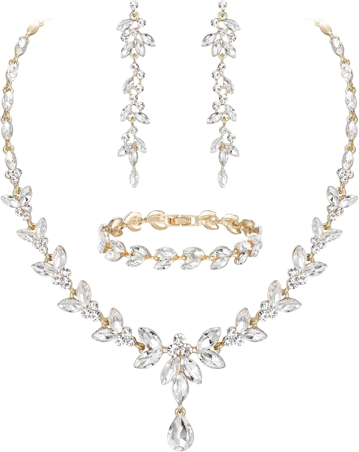 EVER FAITH Austrian Crystal Bridal Bridesmaid Jewelry Sets, Elegant Marquise Rhinestone Leaf Necklace Dangle Earrings Tennis Bracelet Set for Women