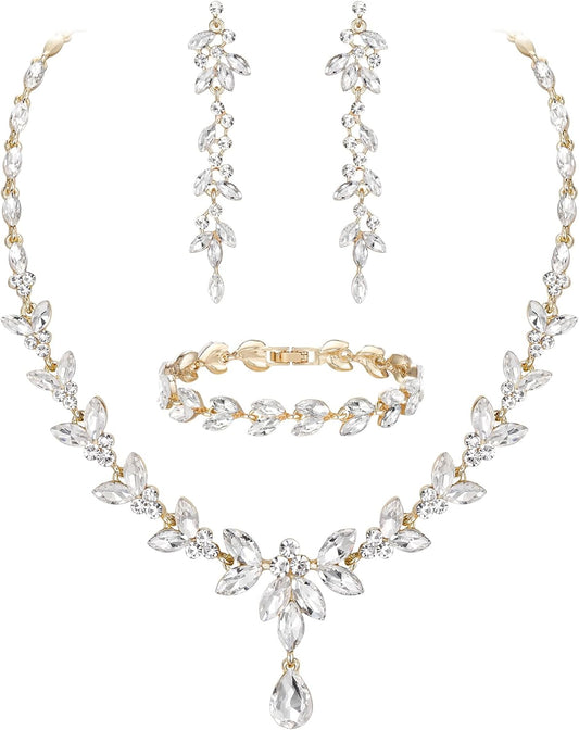 EVER FAITH Austrian Crystal Bridal Bridesmaid Jewelry Sets, Elegant Marquise Rhinestone Leaf Necklace Dangle Earrings Tennis Bracelet Set for Women