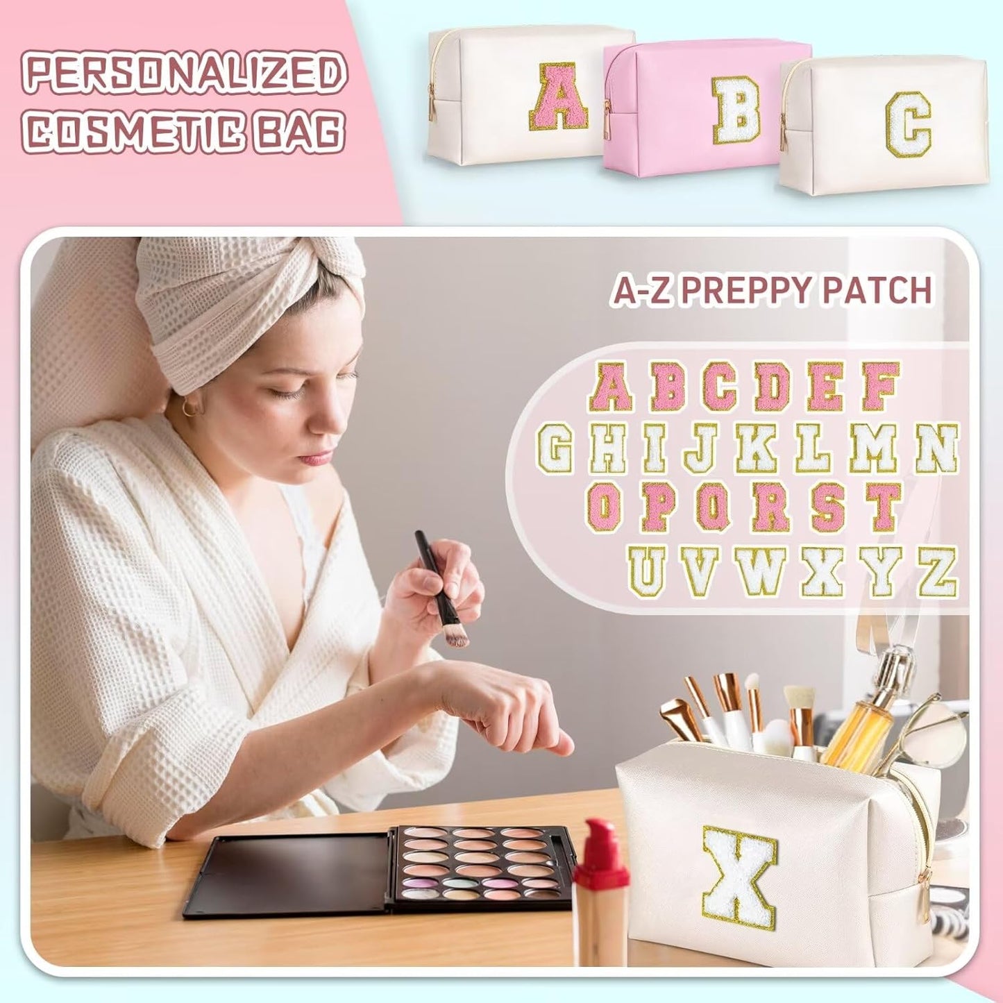 TOPEAST Preppy Stuff Cute Makeup Bag Small Cosmetic Bag Travel Toiletry Bag, Personalized Birthday Wedding Gifts for Mom Teacher Friends Bridesmaids, Preppy Travel Stuff for Girls (White N)