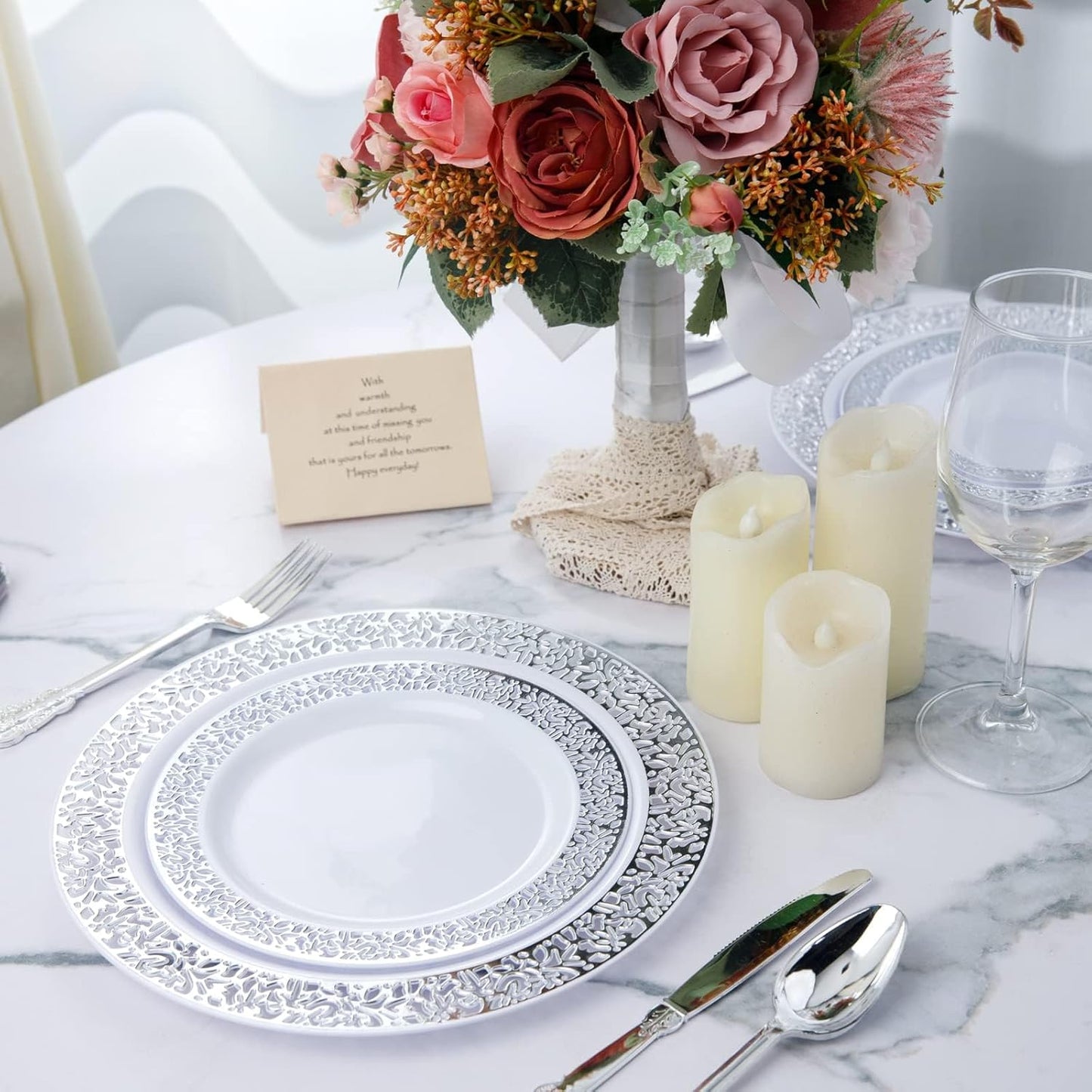 WDF 100pcs Silver Plastic Dessert Plates 7.5" with 100 Pieces Disposable Forks 7.4", Silver Plates Appetizer Plates Small Plates, Fancy Salad Plate and Cake Plate for Christmas Party/Wedding