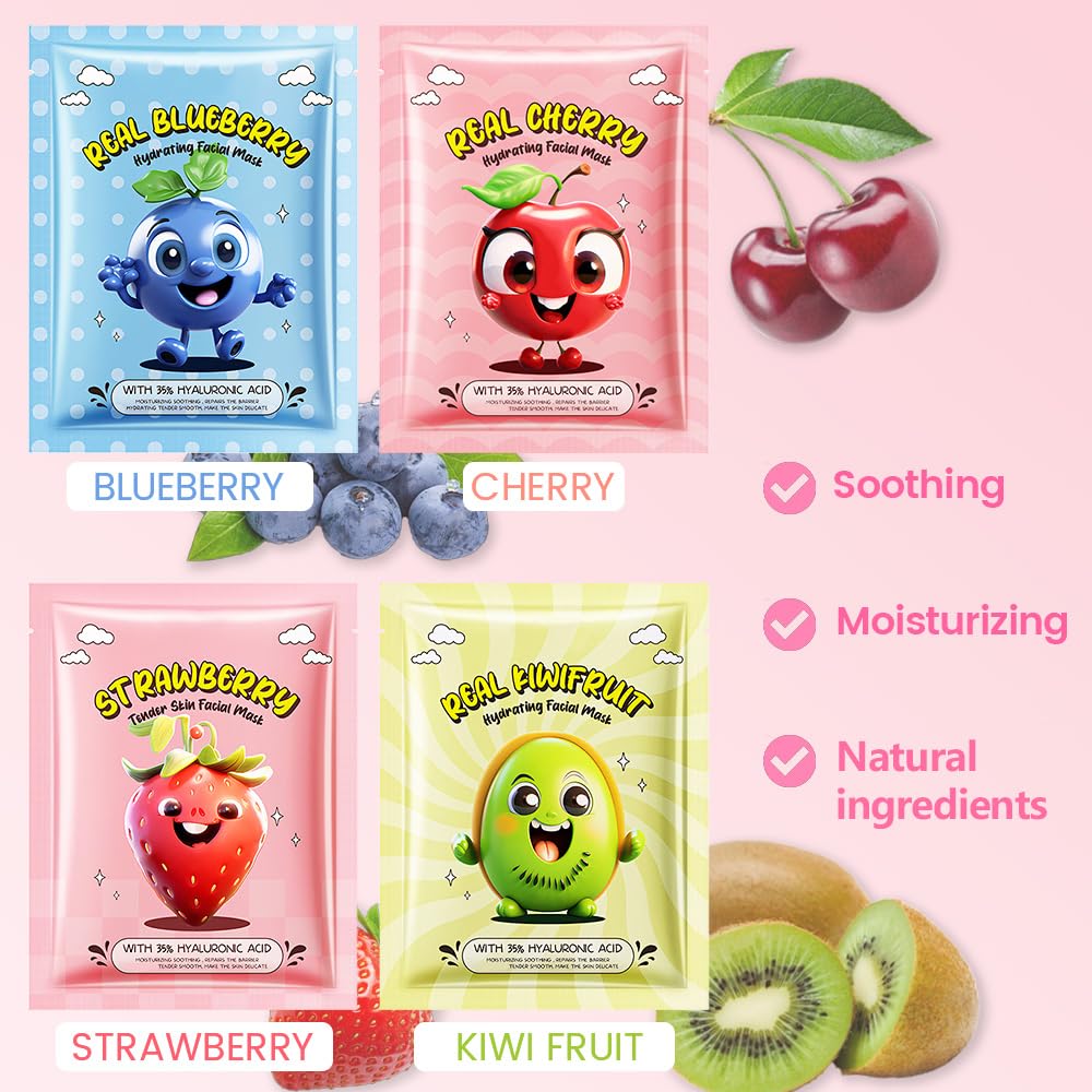 Kaely 40 Pack Bulk Face Masks for Kids, Kids Face Mask Spa Day Kit Supplies, Spa Party Favors for Teens Girls Women, Sheet Facial Mask Skincare Gifts Set, Moisturize Soothe for All Skin Types, 01