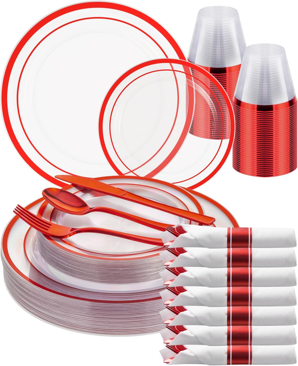 Goodluck 175 Piece Red Plastic Plates, Clear Plastic Silverware Disposable Plates Set, Include 50Plates, 25Pack Pre Rolled Napkins with Silverware, 25Cups for Party, Christmas, Graduation, Wedding