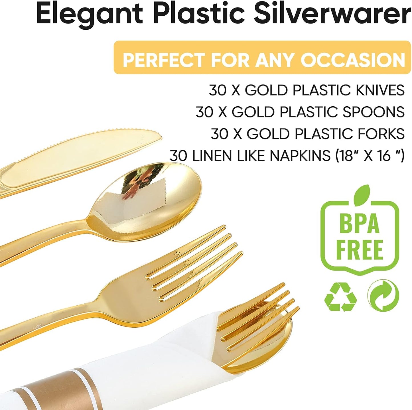 30 Pack Pre Rolled Gold Plastic Cutlery, Disposable Heavy Duty Silverware Set - 30 Forks, 30 Spoons, 30 Knives, 30 Napkins, Disposable Cutlery Set for Catering, Parties, Dinners, Weddings