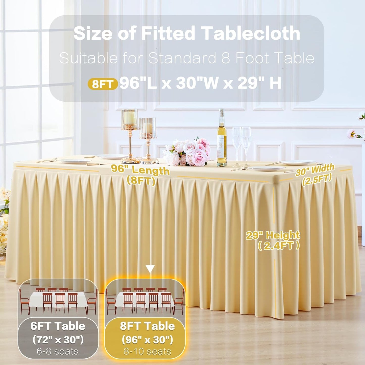 4 Pack Beige Rectangle Tablecloth 8 FT Stretch Spandex Fitted Table Cloth for 8 Foot Rectangle Tables Banquet Tablecloths Wrinkle Free Table Cover Skirt Ruffle Tablecloth for Party Wedding Birthday