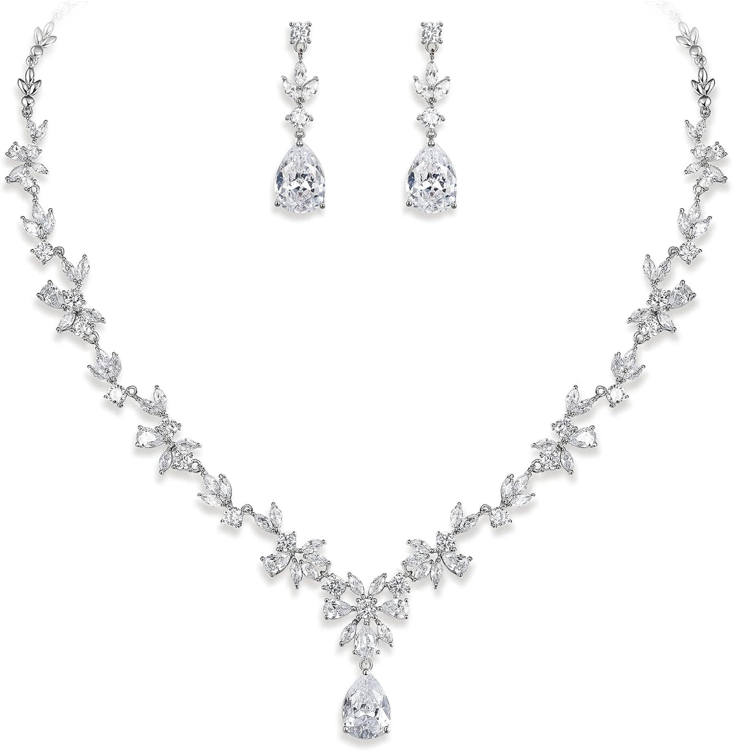 EVER FAITH Bridal Jewelry Set for Bride Bridesmaid, Flower Leaf Teardrop Cubic Zirconia Necklace Dangle Earrings Bracelet Sets Wedding Party for Women
