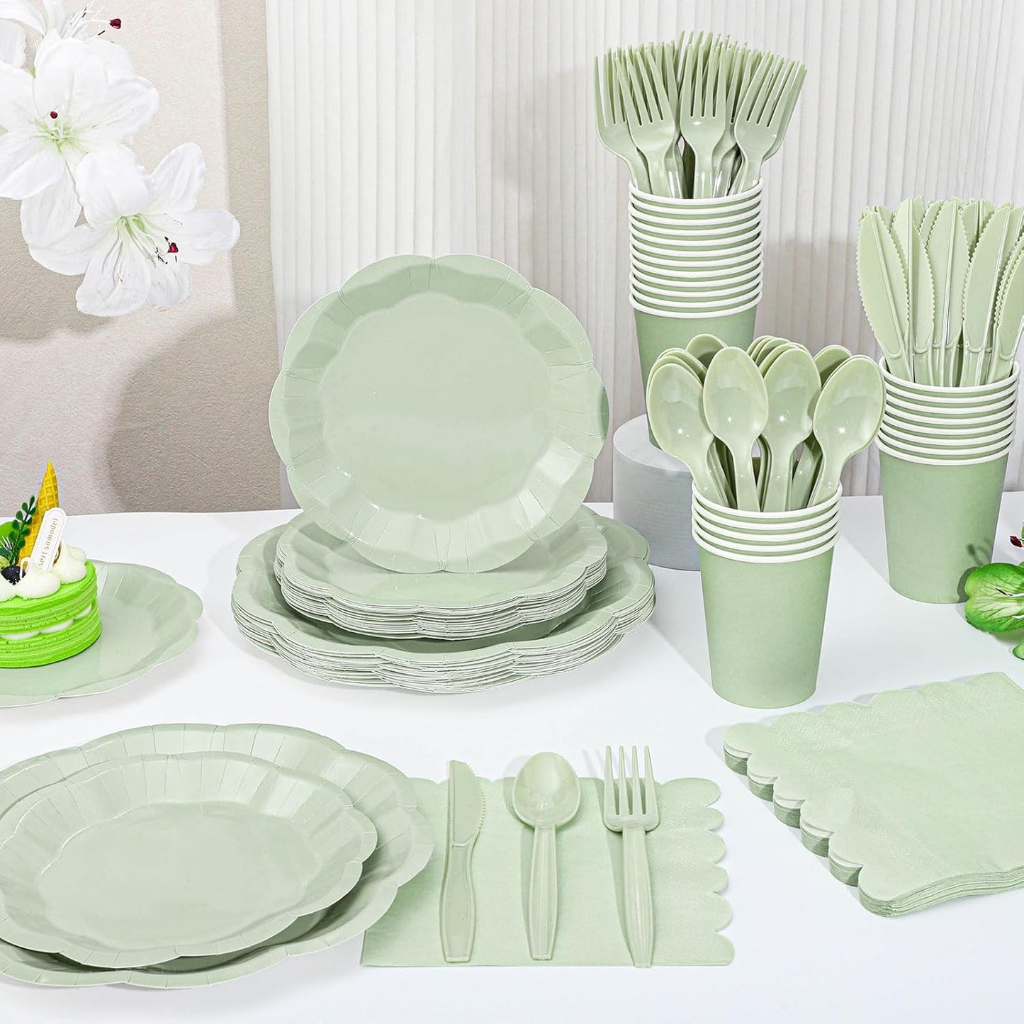 175 Pcs Sage Green Plates and Napkins Set, 25 Guest Sage Green Party Supplies Include Scalloped Plate Napkin Cup Forks Knives Disposable Plastic Cutlery for Wedding Baby Shower Birthday