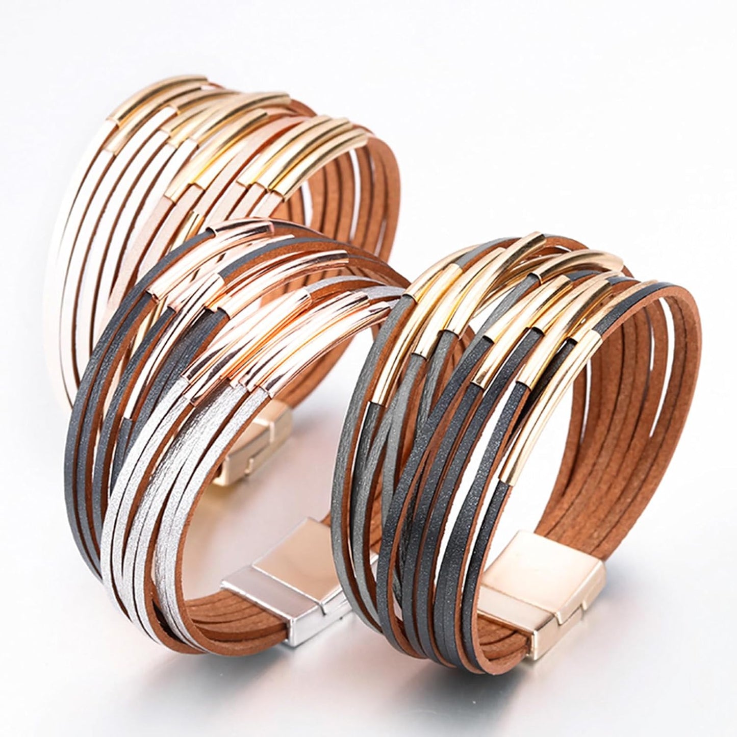 Fesciory Leather Wrap Bracelets for Women, Boho Leopard Multi-Layer Crystal Beads Cuff Bracelet Jewelry