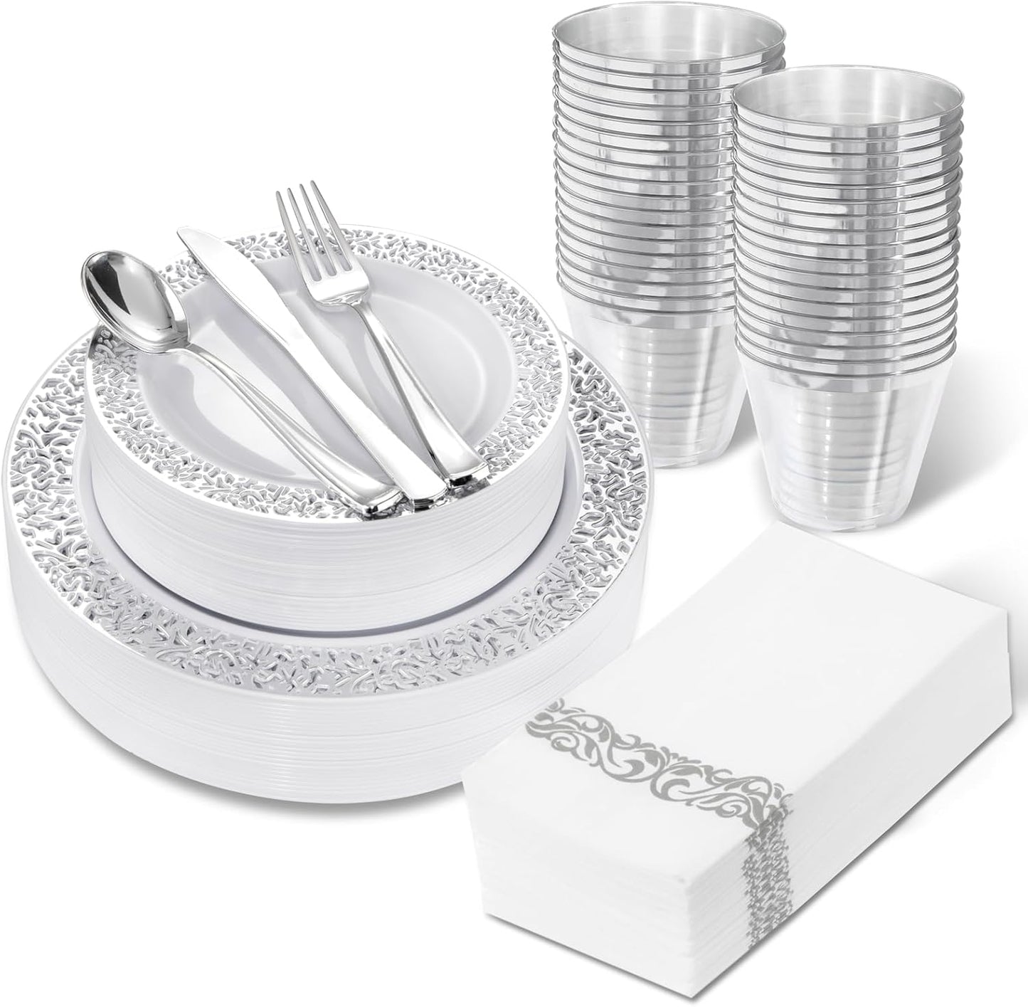WELLIFE 210pcs Dinnerware Set - Silver Rimmed Plastic Plates Disposable Heavy Duty, Disposable Plastic Plates with Silver Rim, Water-proof, Break-proof, Best Choice for Any Party