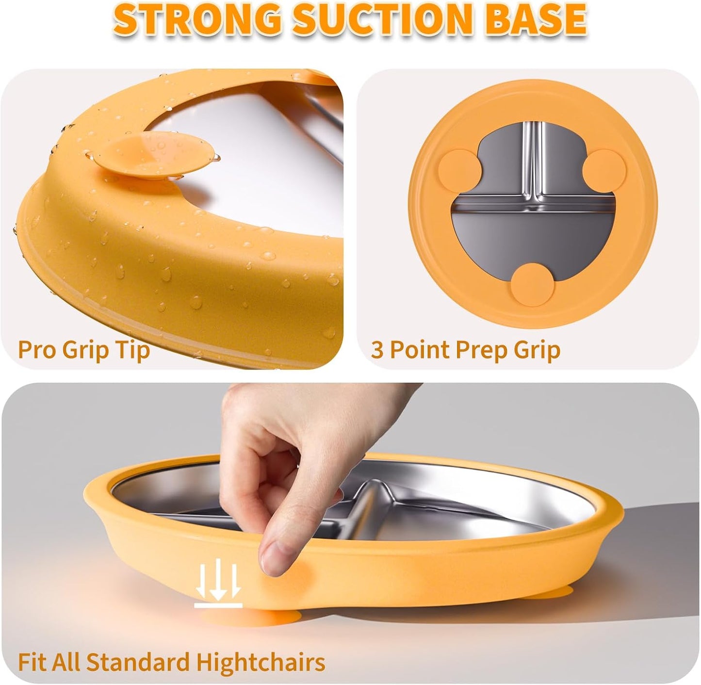 Stainless Steel Toddler Plate with Suction, 9” Divided Plates with Removable Silicone Sleeves for Kids, Non Toxic & BPA Free | Non Slip | Unbreakable Baby Snack Dishes Set of 2, Green & Orange