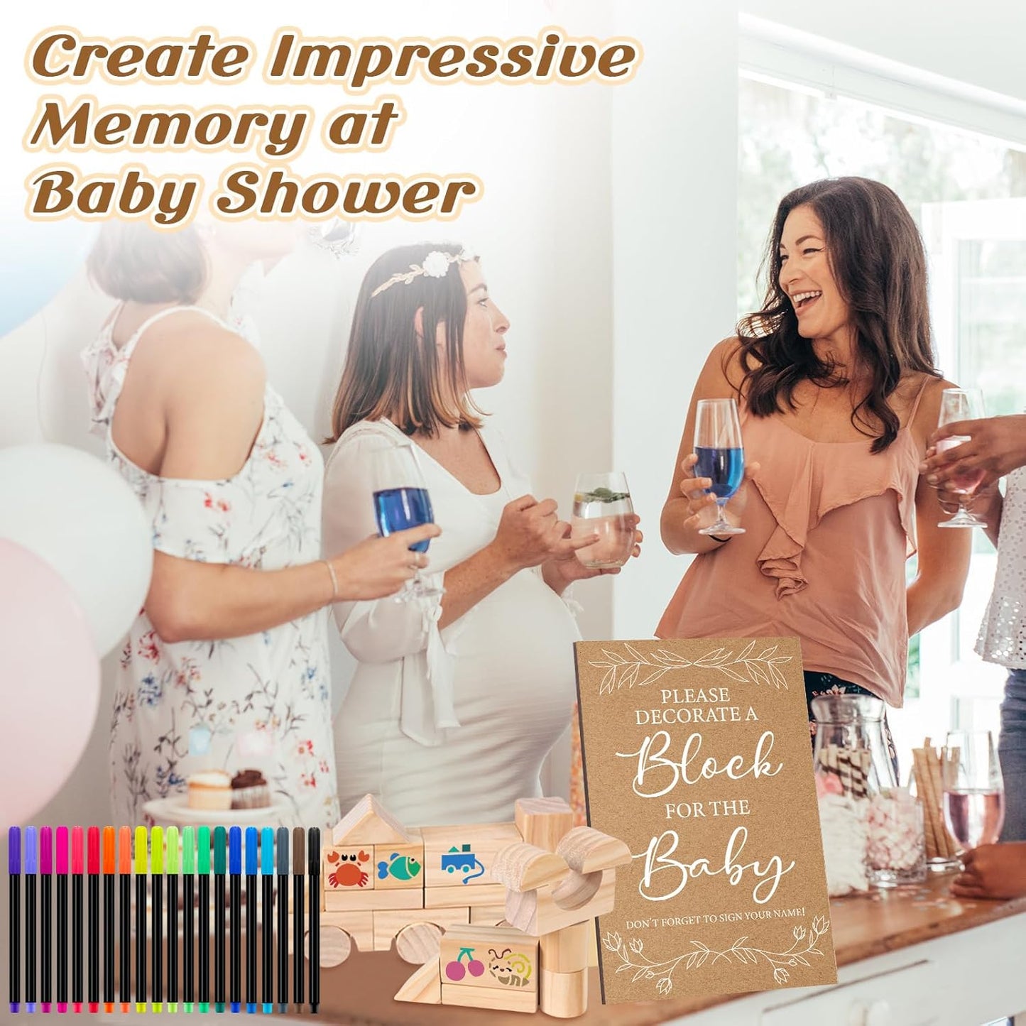 141 Pcs Baby Shower Game Sign Set Includes Decorative Square Signs 100 DIY Blank Wooden Blocks 20 Paint Markers(Kraft)