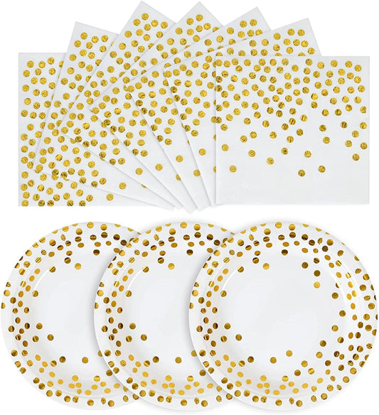 White and Gold Plates and Napkins -100 x 7inch Paper Plates & 100 x 6.5inch Napkins,White Paper Plate for Cake,Dessert,Great for Weddings,Birthdays,Bridal Parties,All Occasions(200 PCS)