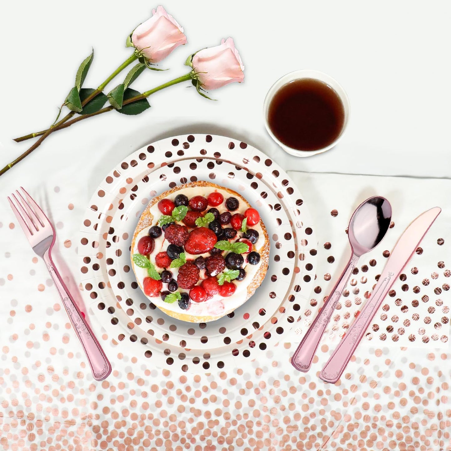 176 Pieces Rose Gold Disposable Party Dinnerware Set &Golden Dot Disposable Party Dinnerware - White Paper Plates Napkins Cups, Gold Plastic Forks Knives Spoons (25 Guests,176 Pieces)