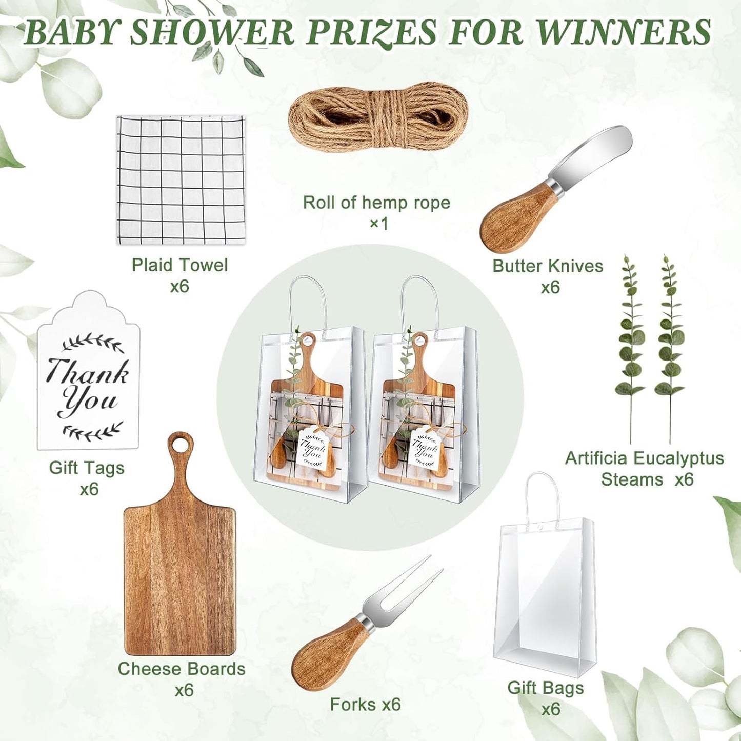 43 Pcs Baby Shower Prizes for Game Player 6 Sets Baby Shower Game Prizes Wedding Bridal Favors for Winners with Acacia Cheese Board Oak Knife and Fork Placements Artificial Eucalyptus Stems Tags Bags