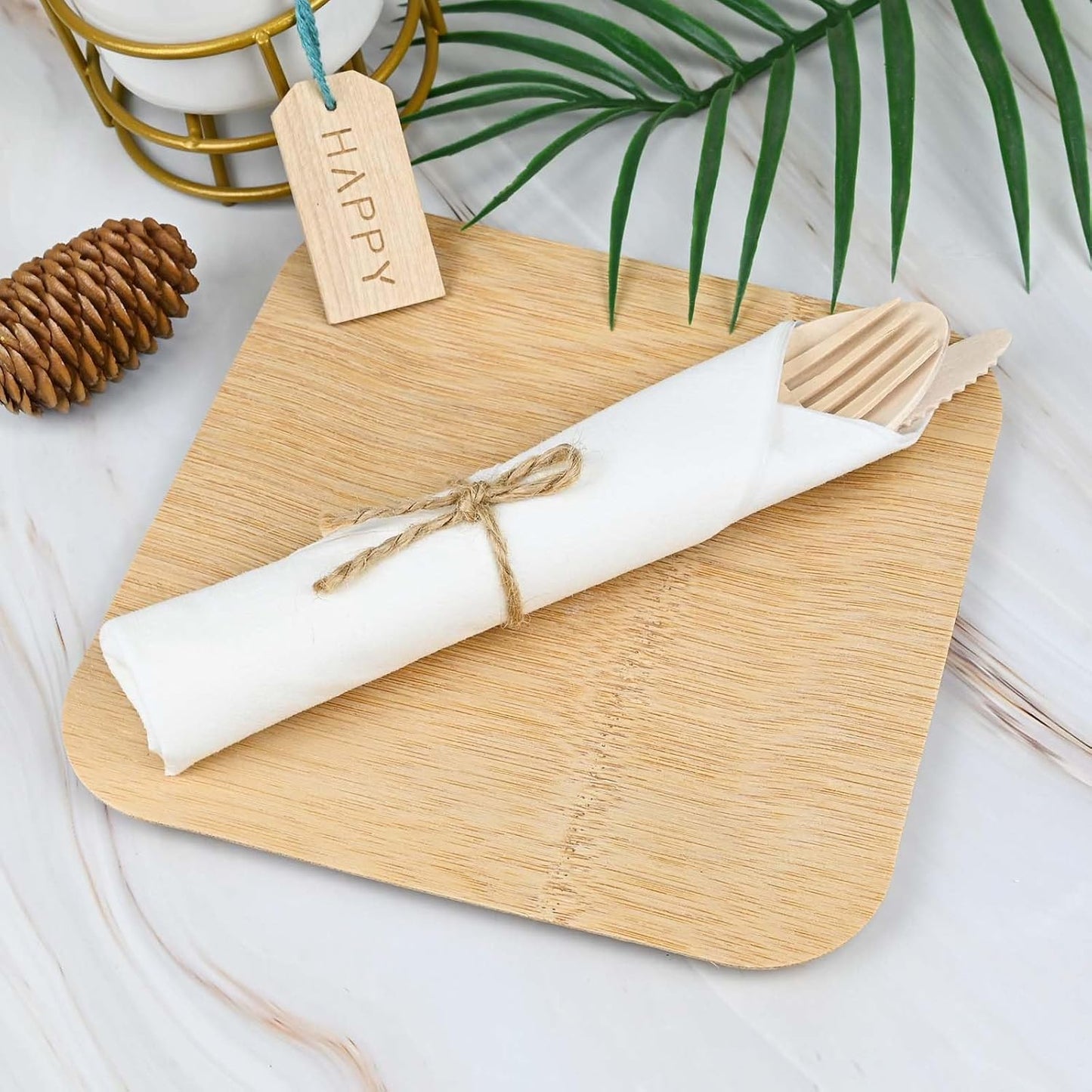 100Pack Pre Wrapped Disposable Wooden Cutlery - Pre Rolled Wooden Spoons Forks Knives with Napkins, Wrapped Silverware Set Disposable, Biodegradable Cutlery with Napkins for Wedding