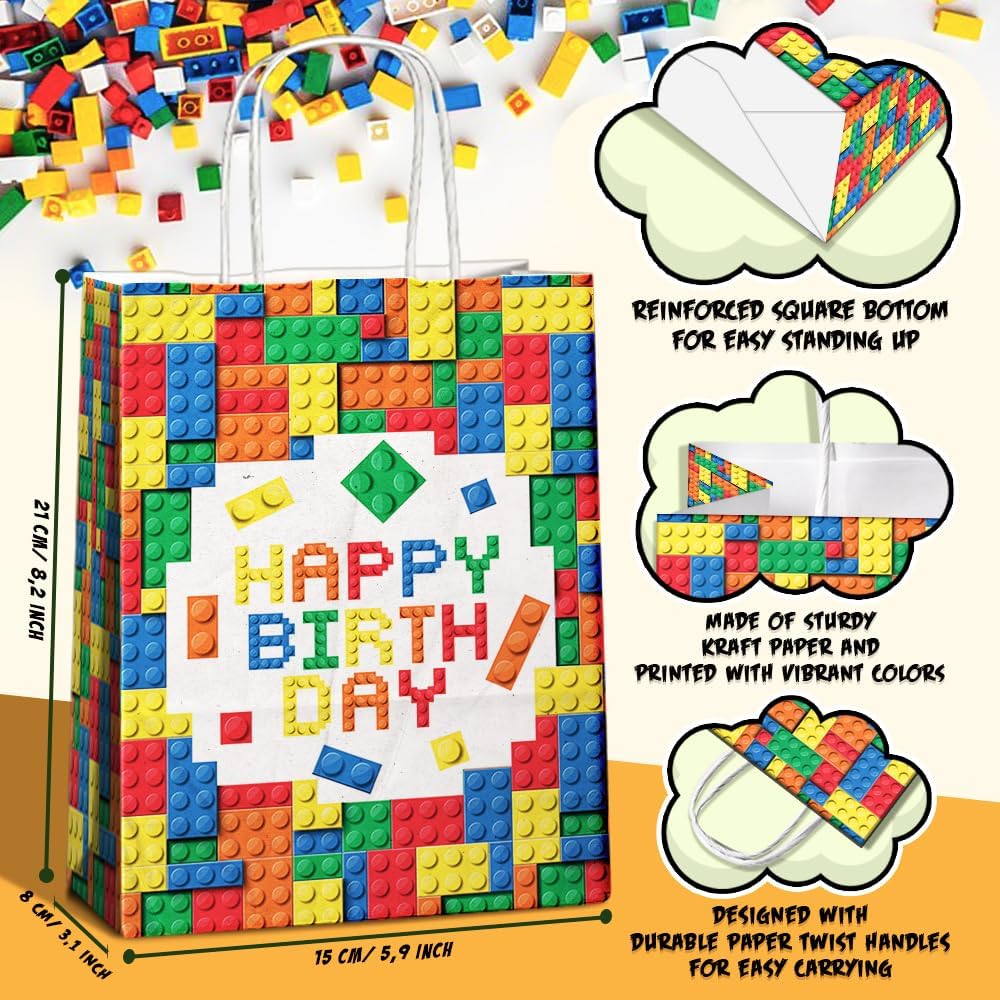 24 Pcs Building Block Party Favor Bags with Handles - Bricks Goodie Gift Candy Bags for Birthday Party Baby Shower Supplies Decorations