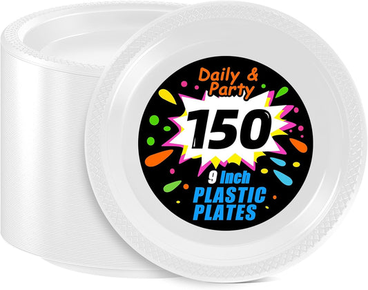 WELLIFE White Plastic Plates 9 Inch -150 Count for Party, Disposable Plastic Party Plates for Wedding Dinner Birthday Engagement