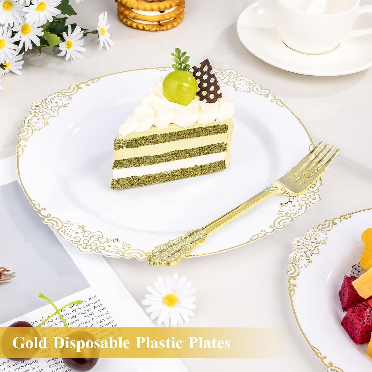 Goodluck 100PCS White and Gold Plastic Plates – 10.25” Heavy Duty Disposable Dinner Plates & Party Plates for Weddings, Parties, Events – Elegant, Sturdy