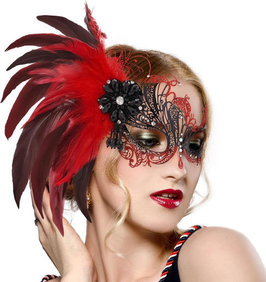 Feather Masquerade Mask for Women - 2025 Venetian Antique Mardi Gras Masks with Feather for Woman Prom Ball Party