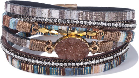 FANCY SHINY Leather Wrap Bracelet Boho Cuff Bangle Bracelets Crystal Bead Bracelet with Magnetic Clasp Jewelry Gifts for Women