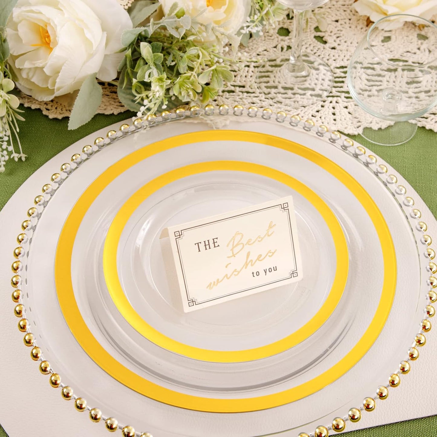YOUBET 210PCS Thanksgiving Plastic Plates - Heavy Duty Clear Gold Disposable Plates Includes 30 Dinner Plate, 30 Dessert Plate, 30 Gold Cups, 30 Napkins for Thanksgiving Party & Wedding