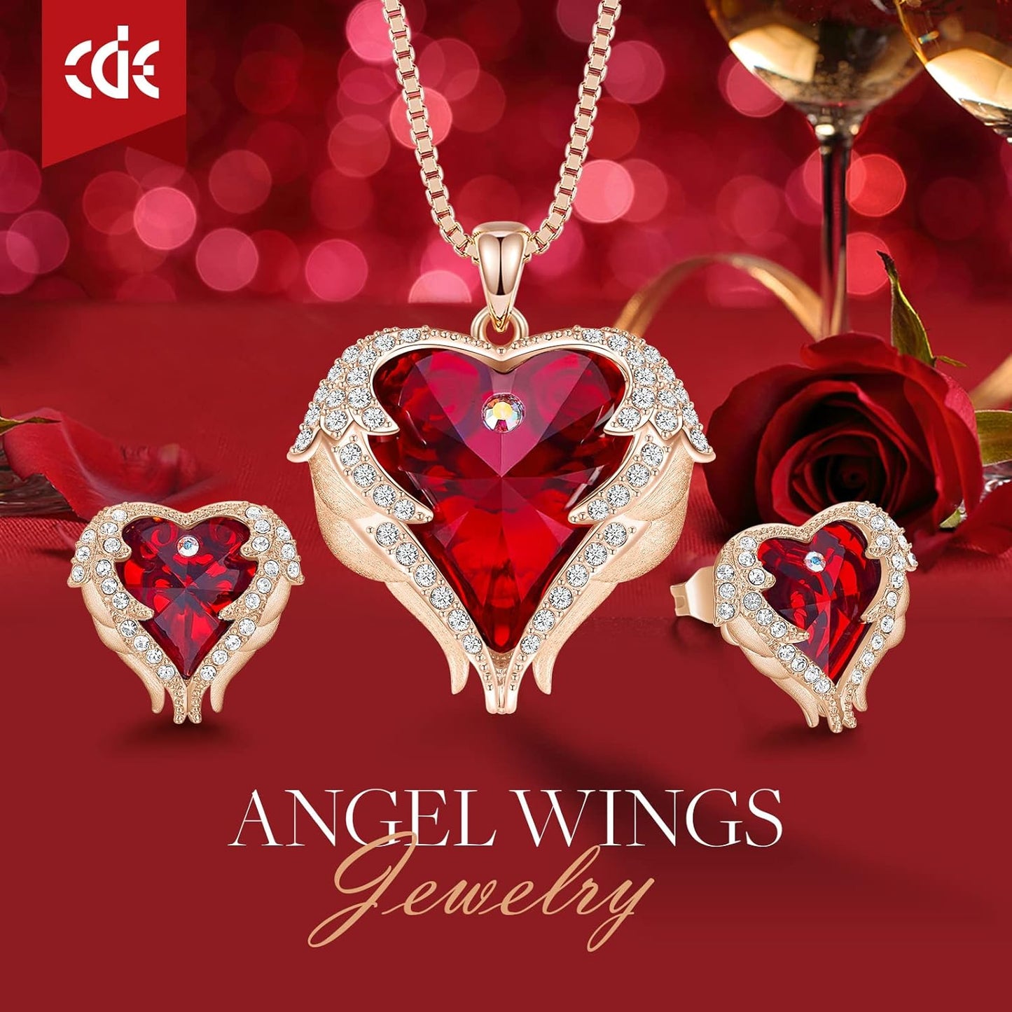 CDE Mothers Day Jewelry Set for Women, Angle Wing Heart Pendant Necklaces and Earrings with Birthstone， Birthday/Anniversary Christmas Jewelry Gift for Women Wife Her