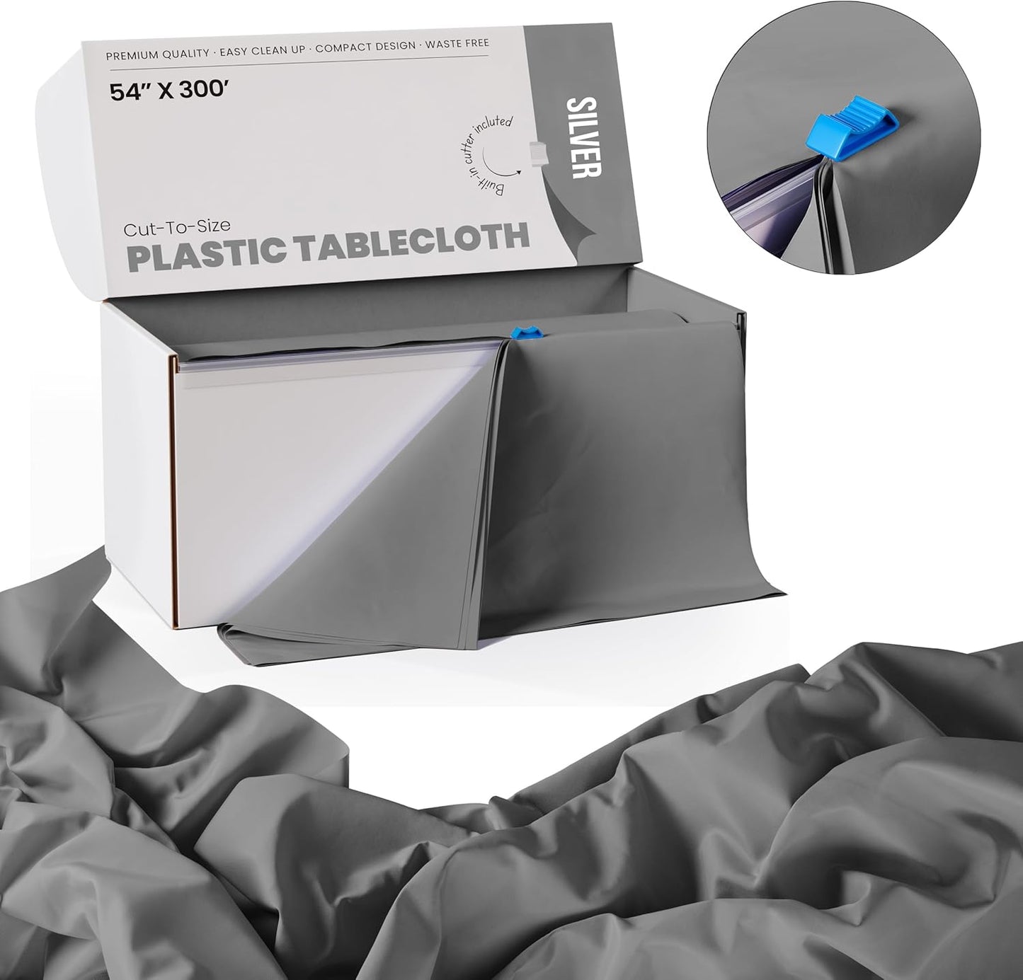 Party Solids 54 Inch X 300 Feet Silver Plastic Table Cover Roll in A Cut - to - Size Box with Convenient Slide Cutter. Cuts Up to 36 Rectangle 8 Feet Plastic Disposable Tablecloths