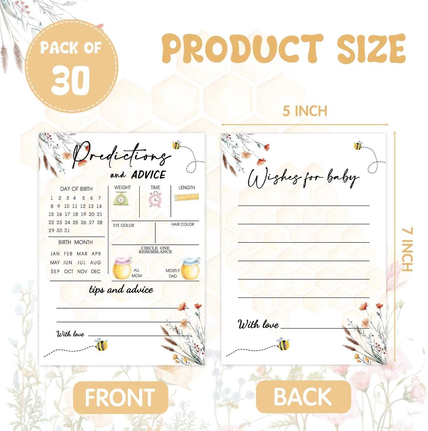 Honey Bee Baby Shower Games, Bee Baby Shower Wishes Games Cards for Guests, Butterfly Baby Predictions and Advice Cards for Baby Shower Games Activity, Advice for New Parents to Be, 5" x 7" 30 Pack