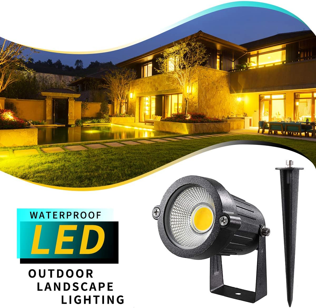 LED Landscape Lights,5W 120V AC Outdoor Pathway Garden Yard Spotlight,IP65 Waterproof Garden Flood Light,Outdoor Spotlight with Stake,UL Cord 5-ft with Plug (Pack of 2, Warm White)
