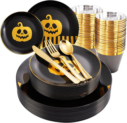 KIRE 25 Guest Halloween Plates Black Gold Plastic Plates Smiley Pumpkin include 50PCS Black &150PCS Gold Plastic Silverware&25PCS Clear Black Cups for Halloween Party