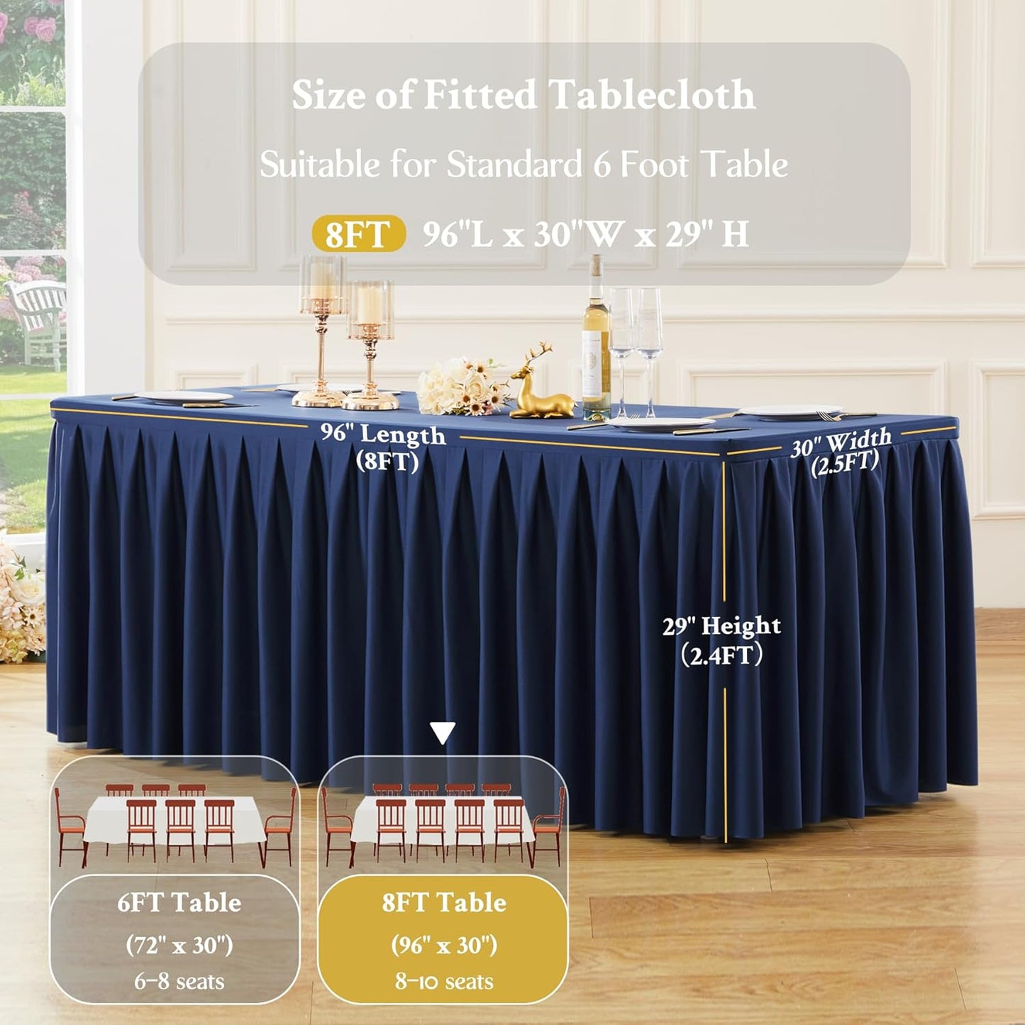 8 Pack Navy Blue Rectangle Tablecloth 8 FT Stretch Spandex Fitted Table Cloth for 8 Foot Rectangle Tables Banquet Tablecloths Wrinkle Free Table Cover Skirt Ruffle Tablecloth for Party Wedding