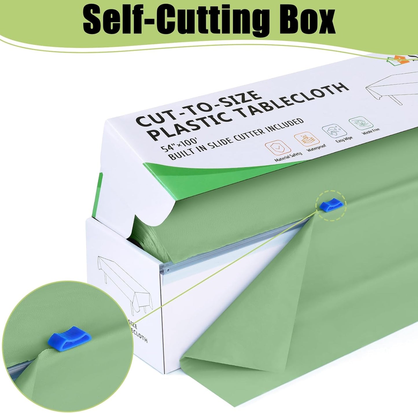 Smiry 54 Inch x 100 Feet Disposable Table Cover Roll, Sage Green Plastic Table Cloth in Cut-to-Size Box with Slide Cutter, Waterproof Rectangle Tablecloths for Weddings, Banquets, Outdoor