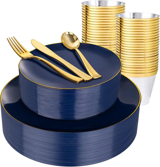 WDF 150pcs Blue plastic Plates - Navy Blue Plates Disposable - 25guest Disposable Dinnerware Sets for Party/Wedding/Birthday