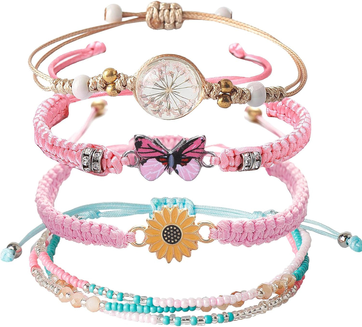 DS 4PCS String beads Charm Bracelets for Teen Girls Dainty cute cartoon Butterfly Daisy Eternal flower Beads Bracelets set for woman and girls Adjustable Stretch bracelet birthday Gift For Friends