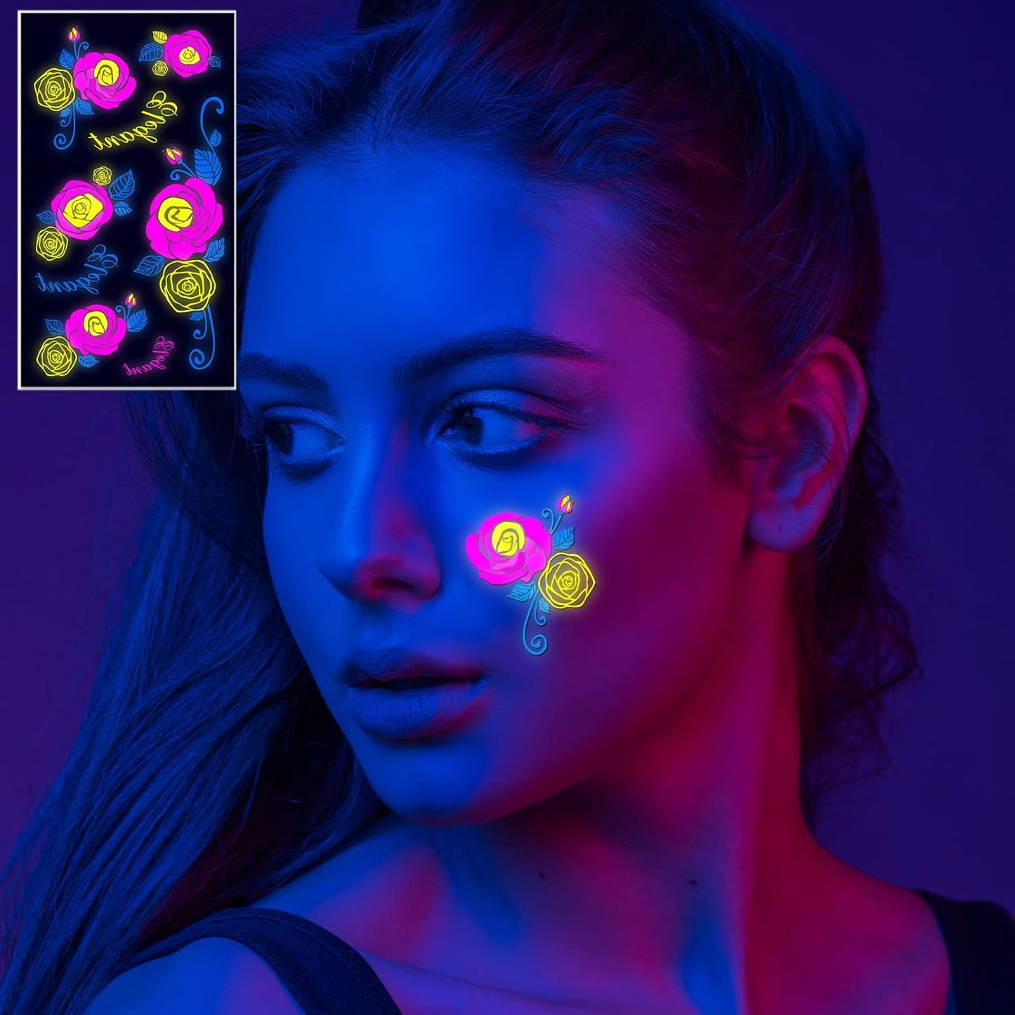 Neon Temporary Tattoos Glow In The UV Neon Tattoos Stickers 61 Glitter Styles Flowers Butterfly Feather Colorful Fake Waterproof Tattoos for Women Girls Party Decoration