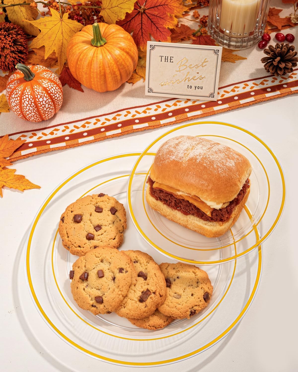 bUCLA 300Pcs Clear Gold Plastic Disposable Dinnerware Set - Clear Plates with Gold Trim Include 50 Dinner / 50 Dessert Plates,50 Cups,150 Plastic Silverware Set for Party, Fall & Thanksgiving