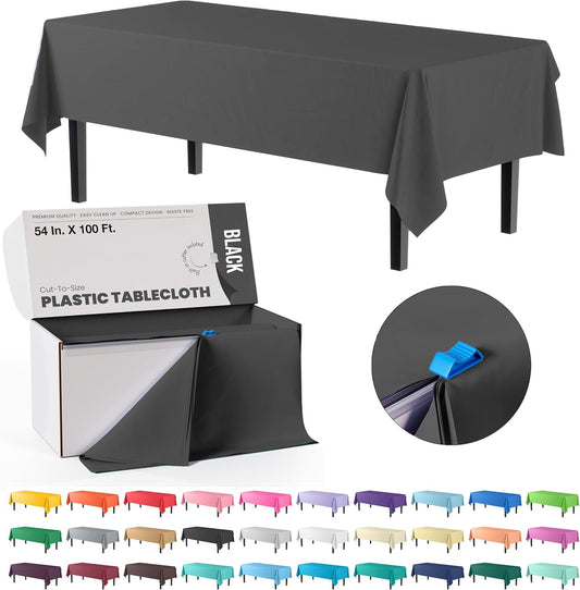 Party Solids 54 Inch X 100 Feet Black Plastic Table Cover Roll in A Cut - to - Size Box with Convenient Slide Cutter. Cuts Up to 12 Rectangle 8 Feet Plastic Disposable Tablecloths