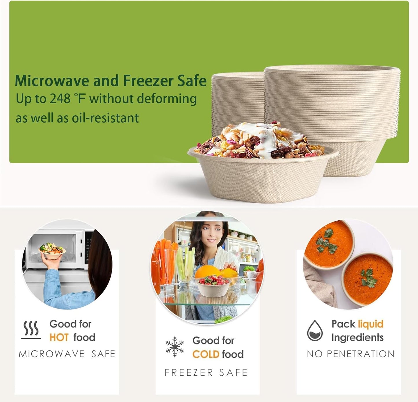 24 Oz Disposable Bowls, [100 Pack] Paper Bowls Disposable - Heavy Duty and Eco-friendly Sugarcane and Bamboo Bagasse Biodegradable Bowls for Cereal, Rice, French Fries - Convenient and Compostable