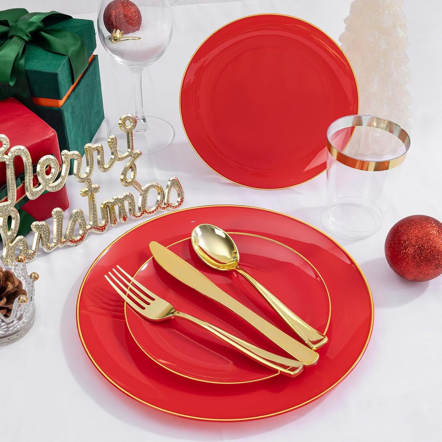 KIRE 350PCS Red Plastic Plates - Heavy Duty Red Plates Disposable - 50Guest Christmas Dinnerware Include 50Dinner Plate,50Dessert Plate,50Pre Rolled Napkins with Silverware for Christmas&Party