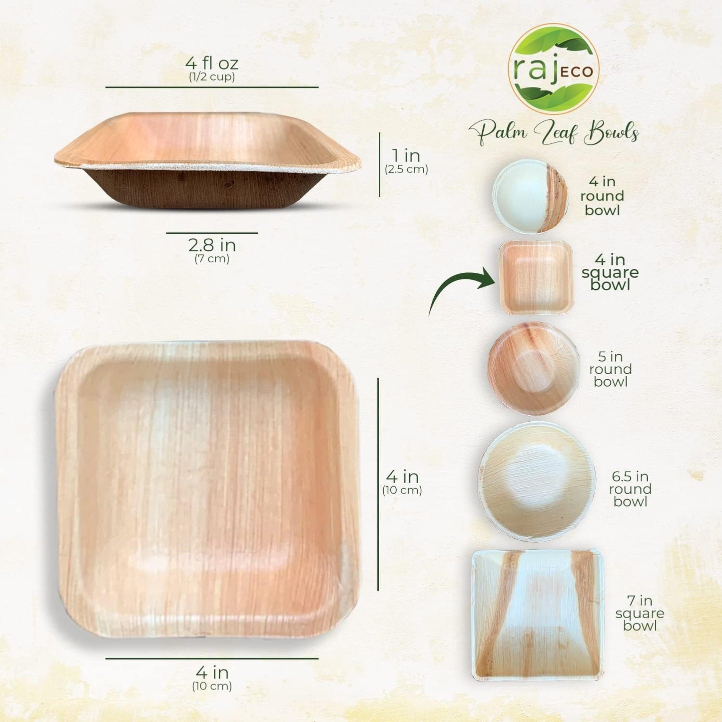 Raj Palm Leaf Bulk Bowls [50-Pack] 4" Square Bowls (10 CASES - 500 PACK) like Bamboo bowls Disposable, Strong, Decorative Compostable Tableware for weddings, Camping, Outdoor