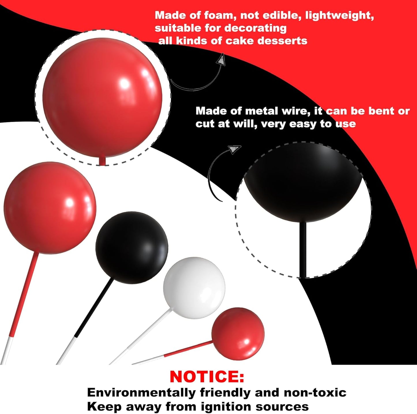 36 Pack Balls Cake Topper Decorations Foam Balloons Cake Decorations Sticks Mini Balloons Cake Toppers Balls Cake Picks for Baby Shower Wedding Anniversary Birthday Party Decorations Red White Black