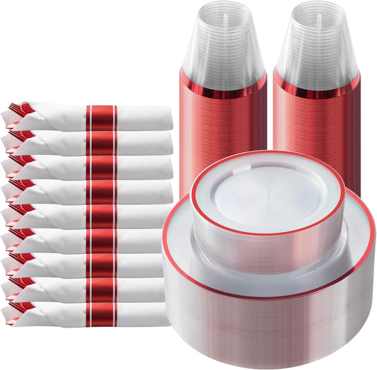 Goodluck 175 Piece Red Plastic Dinnerware Set for Party, Clear Disposable Plates for 25 Guests, Include: 25 Dinner Plastic Plates, 25 Dessert Plates, 25 Pre Rolled Napkins with Cutlery Set, 25 Cups
