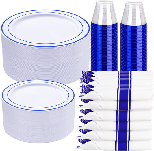 WELLIFE 700 Pcs Blue Plastic Plates for 100 Guests - Plastic Dinnerware Set,Party Supplies Includes 200 Blue Disposable Plates,300 Silverware,100 Napkins,100 Cups