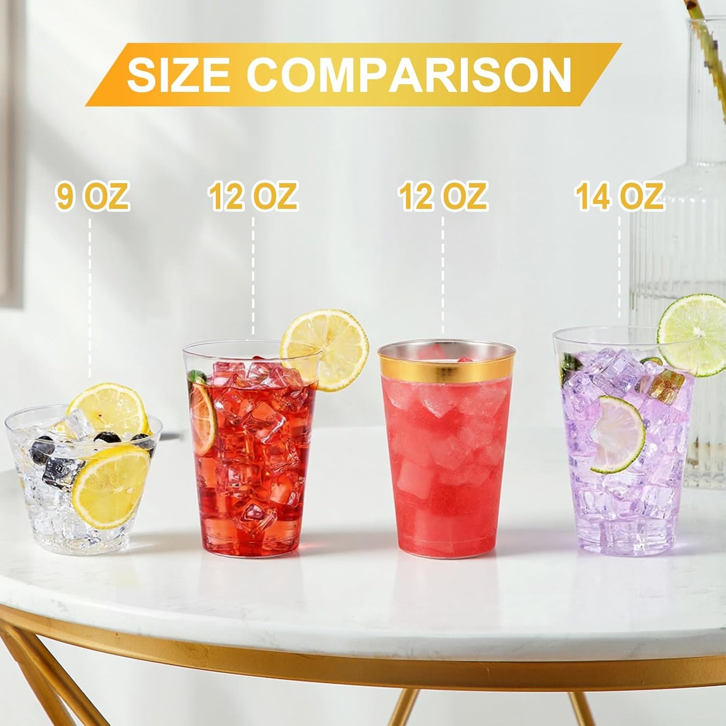 100 Pack 12 oz Gold Plastic Cups, Disposable Clear Plastic Cups for Cocktail Party With Heat Resistance (12oz 100count Gold)