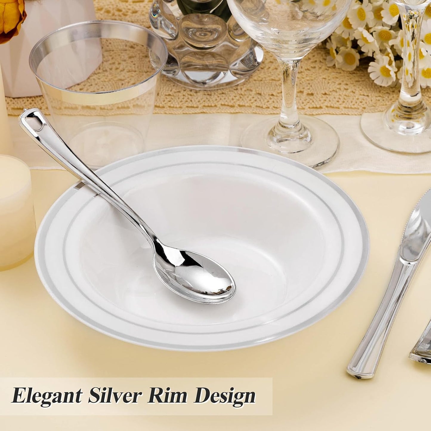 50 Pack Disposable Soup Bowls with Silver Rim, 12oz Premium Heavy Duty Plastic Dinner Bowls for Party, Wedding and Holiday