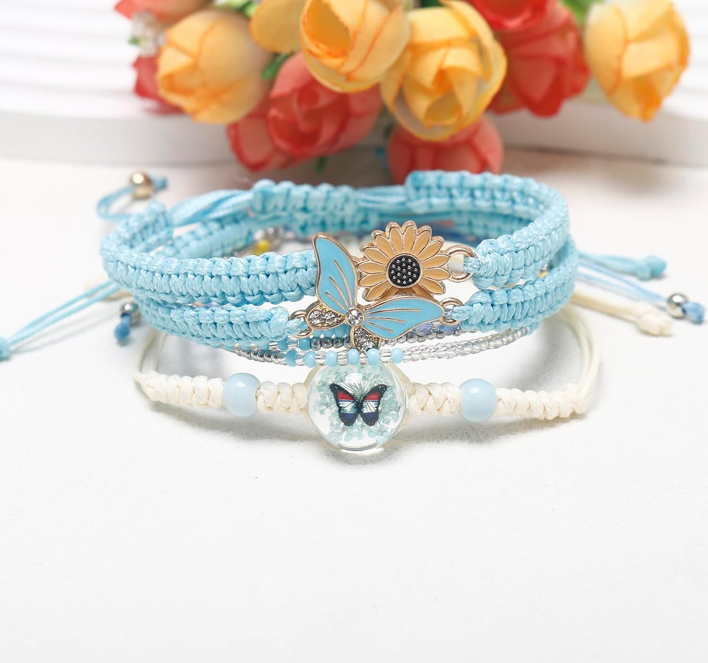 DS 4PCS String beads Charm Bracelets for Teen Girls Dainty cute cartoon Butterfly Daisy Eternal flower Beads Bracelets set for woman and girls Adjustable Stretch bracelet birthday Gift For Friends
