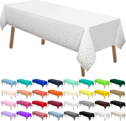 PARTY ULYJA Gold Polka Dots Confetti Plastic Tablecloths 2 Pack White Disposable Table Covers Bridal Shower 54 x 108 Inch Table Cloths for Picnic Birthday Wedding Parties 8 Foot Rectangle Table